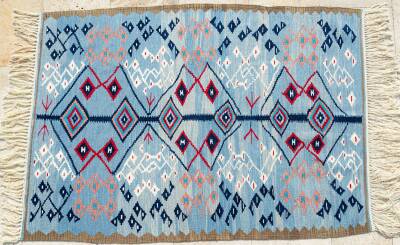 Açık Mavi Geleneksel Motifli Kirkitli El Dokuma Yün Kilim