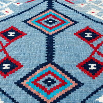 Açık Mavi Geleneksel Motifli Kirkitli El Dokuma Yün Kilim - 2