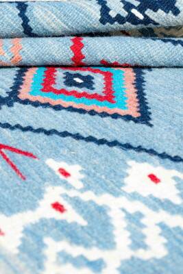 Açık Mavi Geleneksel Motifli Kirkitli El Dokuma Yün Kilim - 6