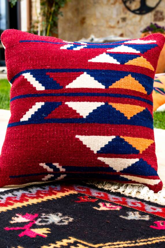 Bordo Lacivert Ok Motifli Yün Kilim Kırlent Kılıfı - 2