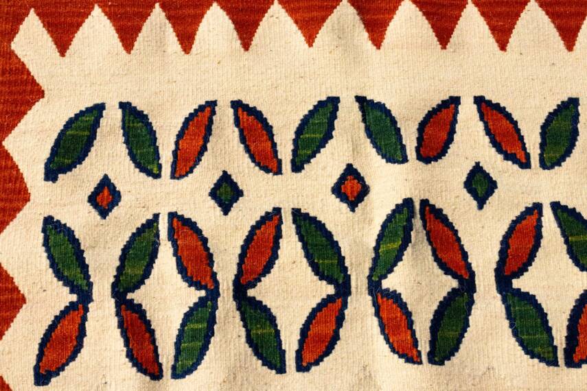 Kiremit Krem Yaprak Motifli Küçük El Dokuma Yün Kilim - 5