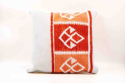 Krem Kiremit Şeritli Yün Kilim Kırlent Kılıfı