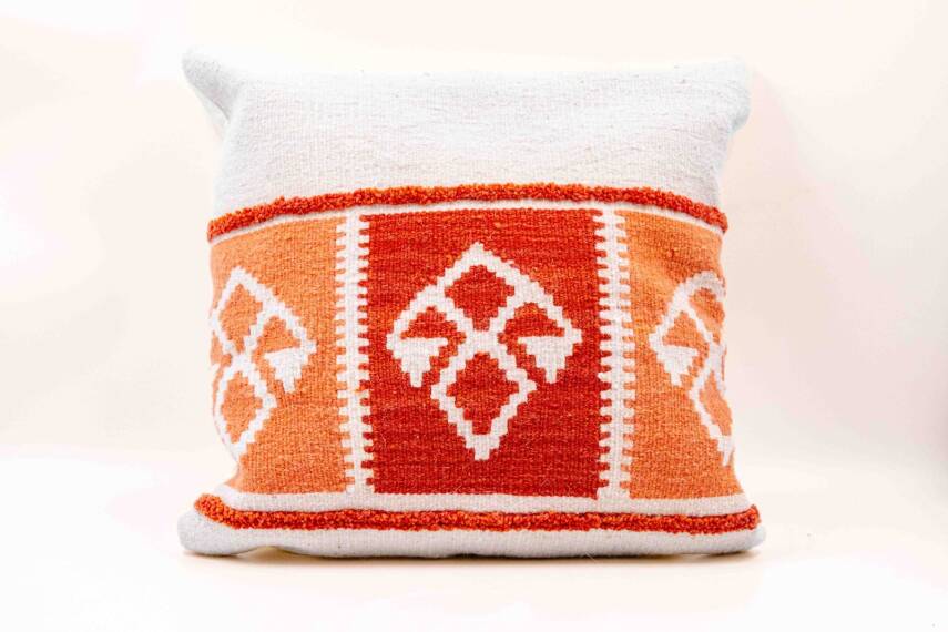 Krem Kiremit Şeritli Yün Kilim Kırlent Kılıfı - 2
