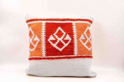 Krem Kiremit Şeritli Yün Kilim Kırlent Kılıfı - 3