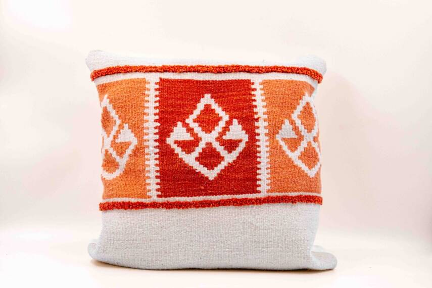Krem Kiremit Şeritli Yün Kilim Kırlent Kılıfı - 3