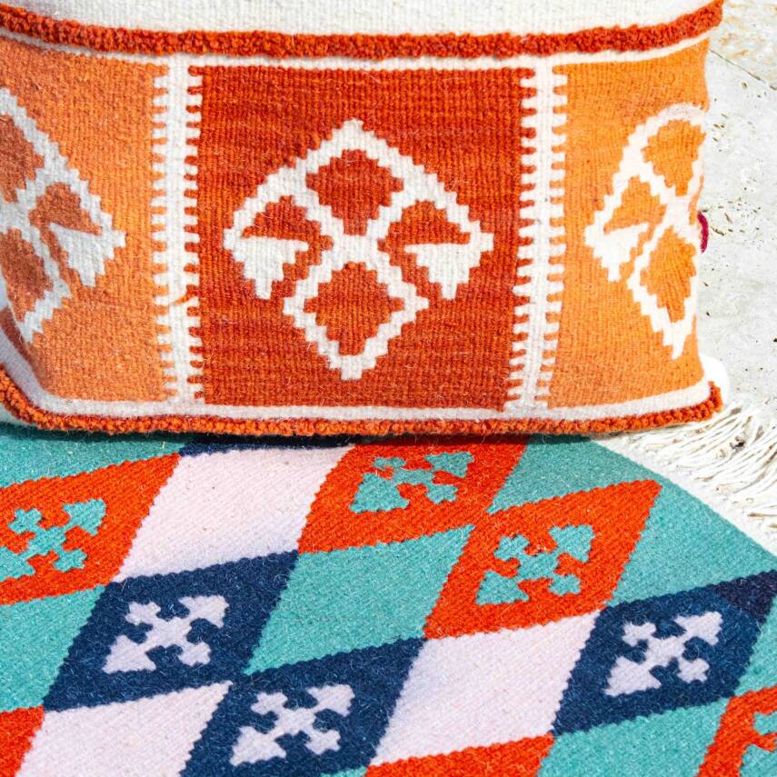 Krem Kiremit Şeritli Yün Kilim Kırlent Kılıfı - 4