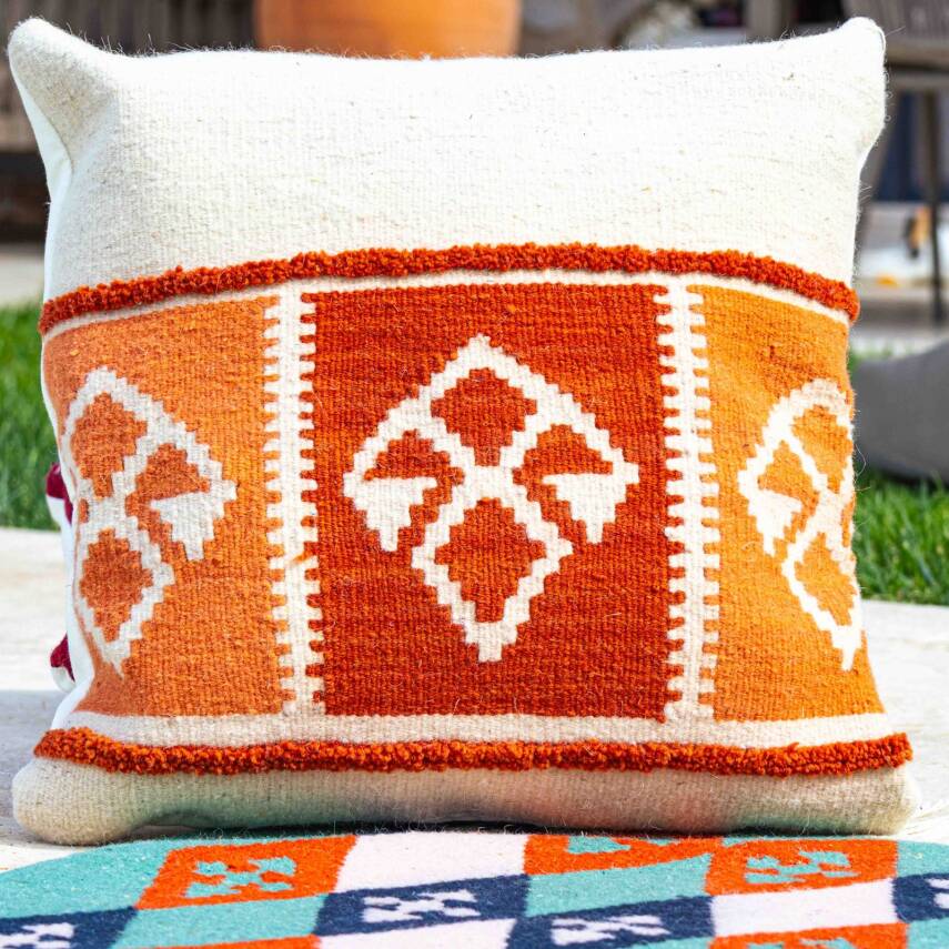 Krem Kiremit Şeritli Yün Kilim Kırlent Kılıfı - 5