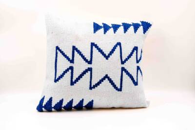 Krem Lacivert Geometrik Yün Kilim Kırlent Kılıfı - 2