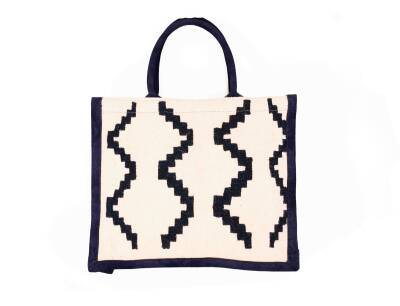 Krem Lacivert Zikzak Desenli El Dokuma Kilim Omuz Çantası