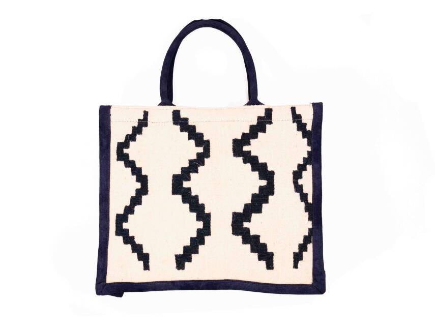 Krem Lacivert Zikzak Desenli El Dokuma Kilim Omuz Çantası - 1