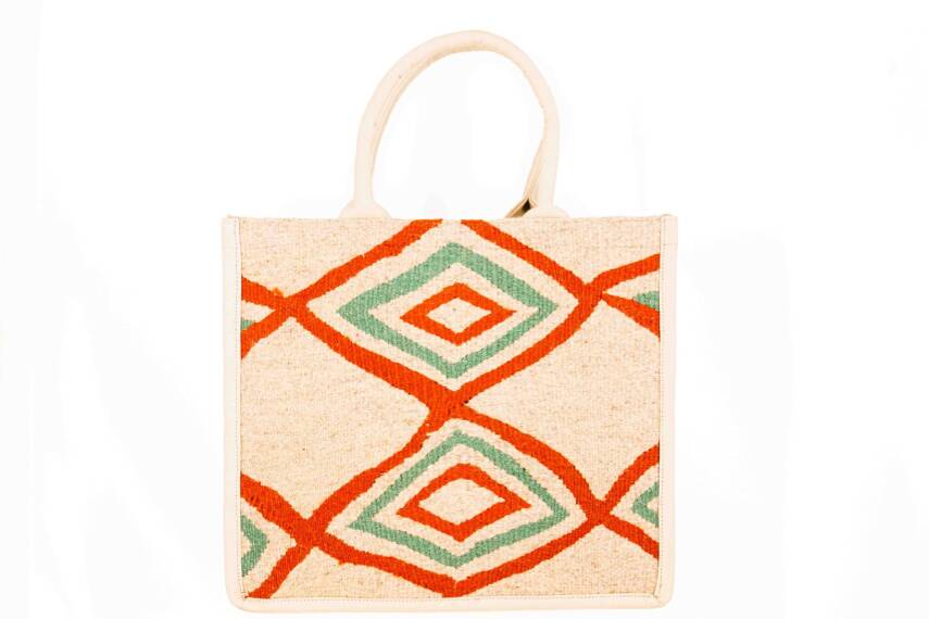Krem Turuncu Yeşil Desenli El Dokuma Kilim Omuz Çantası - 1