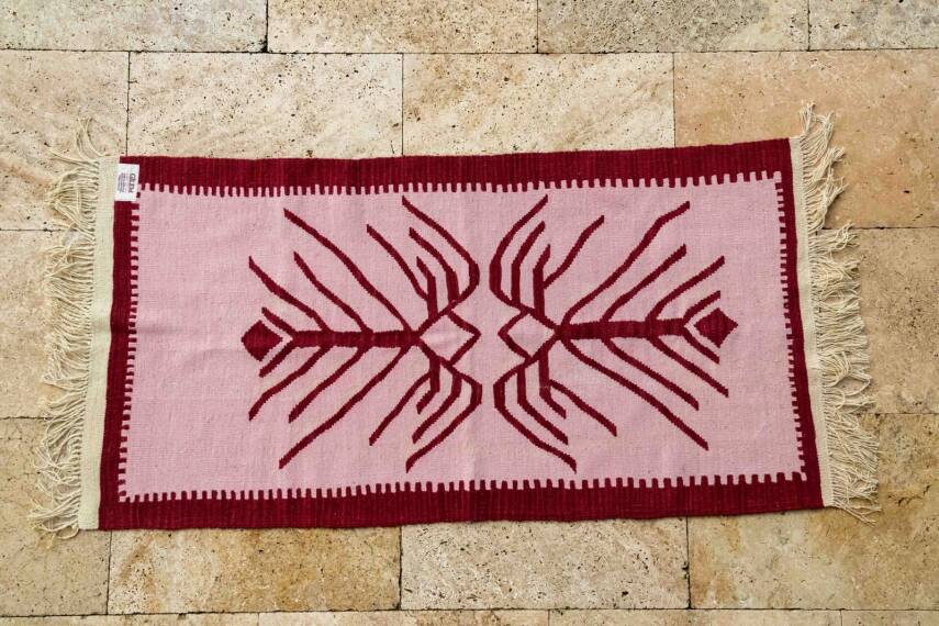 Pudra Bordo Hayat Ağacı Motifli El Dokuma Yün Kilim - 1