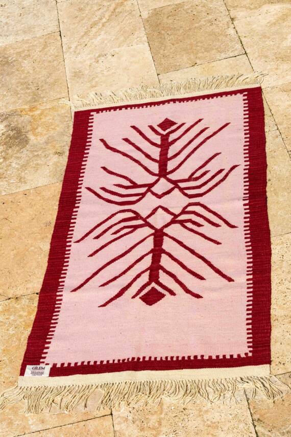 Pudra Bordo Hayat Ağacı Motifli El Dokuma Yün Kilim - 3