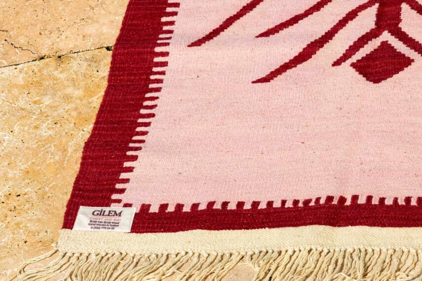 Pudra Bordo Hayat Ağacı Motifli El Dokuma Yün Kilim - 4