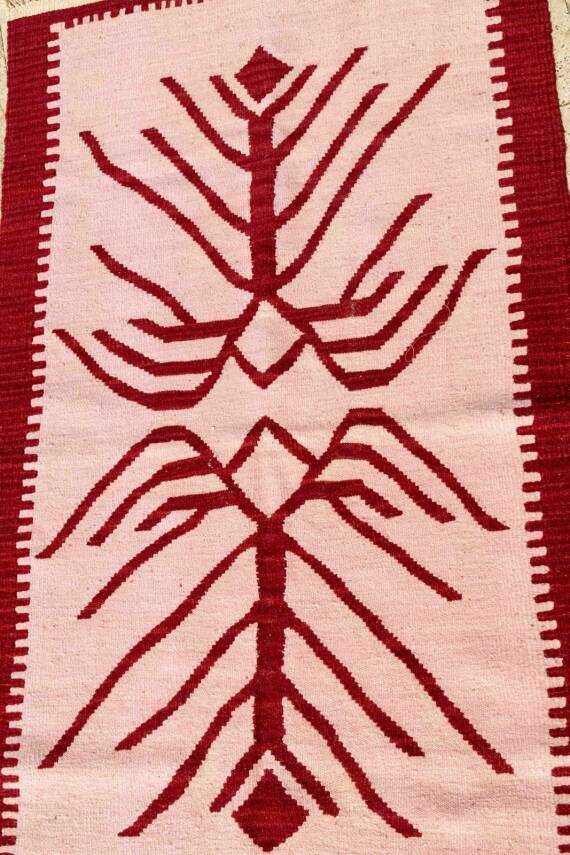 Pudra Bordo Hayat Ağacı Motifli El Dokuma Yün Kilim - 5