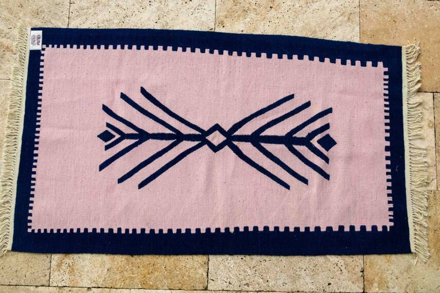 Pudra Lacivert Hayat Ağacı Motifli El Dokuma Yün Kilim - 1