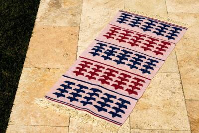 Pudra Zeminli Lacivert Bordo Şeritli El Dokuma Yün Kilim - 3