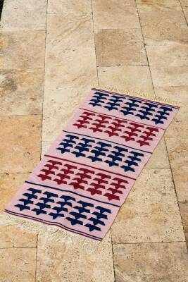 Pudra Zeminli Lacivert Bordo Şeritli El Dokuma Yün Kilim - 4