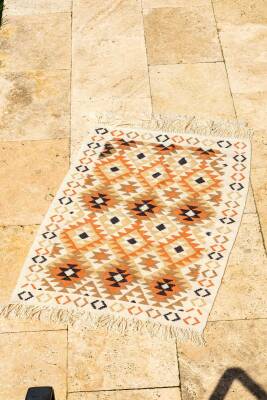 Toprak Tonları Geometrik Desenli El Dokuma Yün Kilim - 3