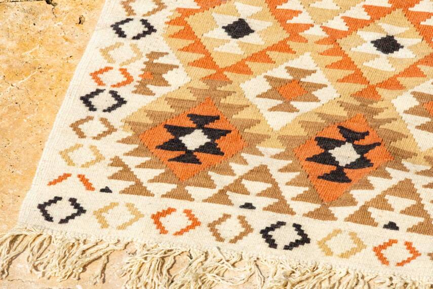 Toprak Tonları Geometrik Desenli El Dokuma Yün Kilim - 4