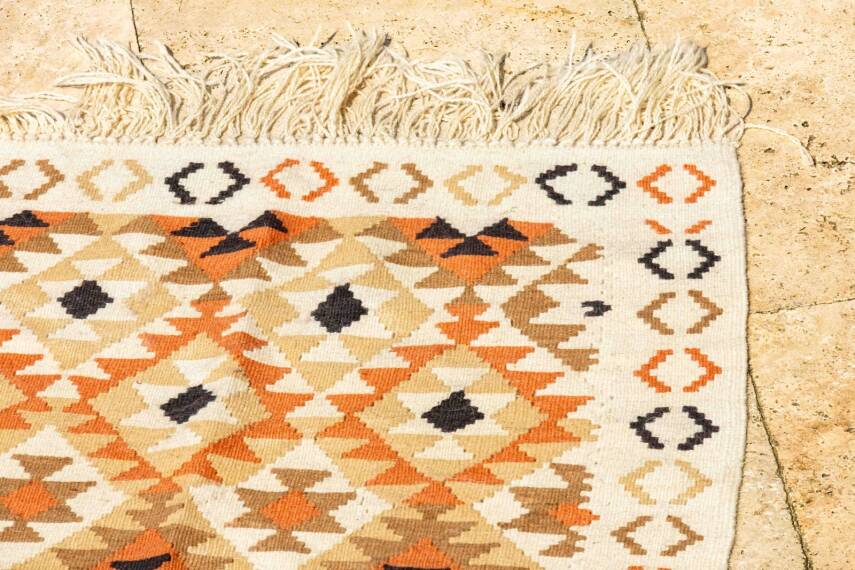 Toprak Tonları Geometrik Desenli El Dokuma Yün Kilim - 5