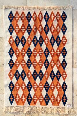Turuncu Lacivert Baklava Desenli El Dokuma Yün Kilim - 2