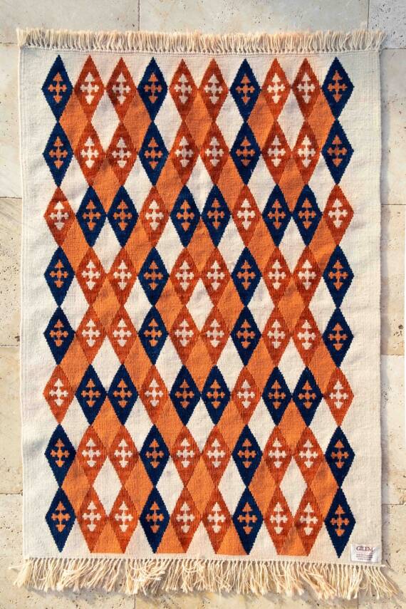 Turuncu Lacivert Baklava Desenli El Dokuma Yün Kilim - 2