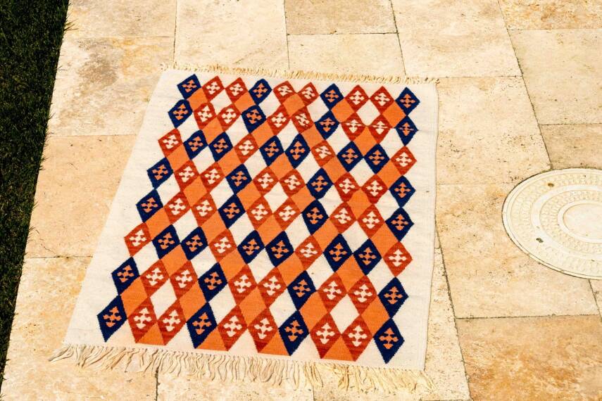 Turuncu Lacivert Baklava Desenli El Dokuma Yün Kilim - 3