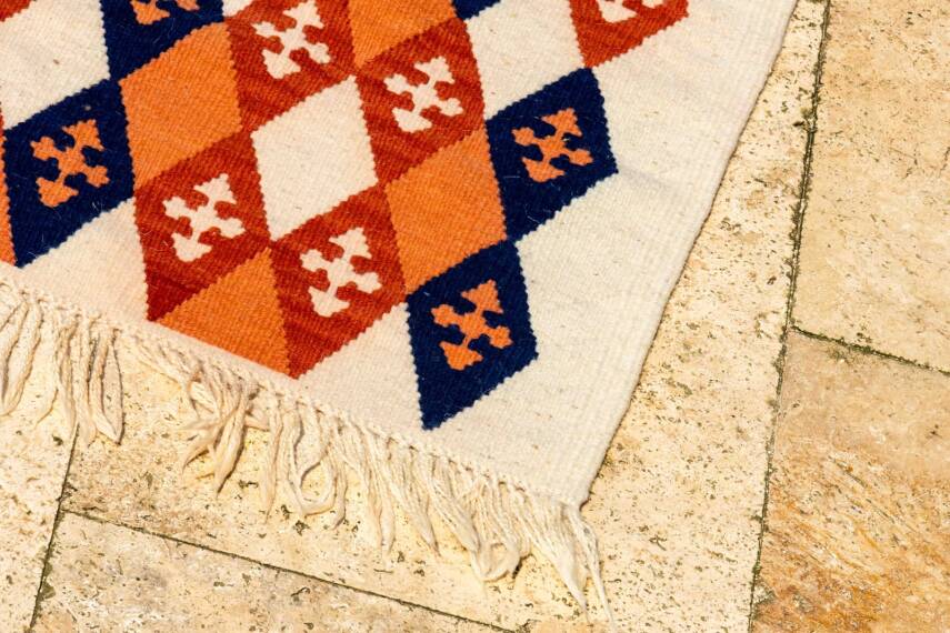 Turuncu Lacivert Baklava Desenli El Dokuma Yün Kilim - 5