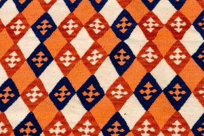 Turuncu Lacivert Baklava Desenli El Dokuma Yün Kilim - 6