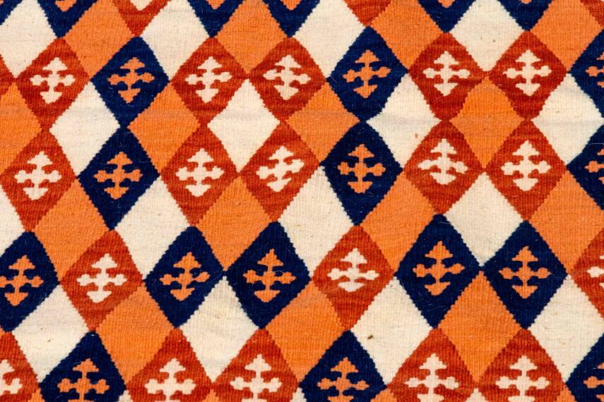 Turuncu Lacivert Baklava Desenli El Dokuma Yün Kilim - 6
