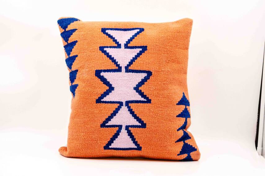 Turuncu Lacivert Geometrik Yün Kilim Kırlent Kılıfı - 1