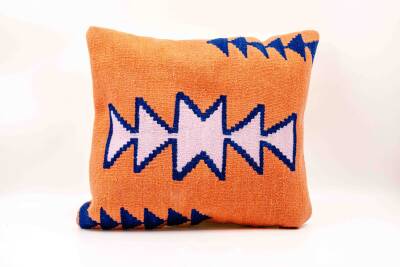 Turuncu Lacivert Geometrik Yün Kilim Kırlent Kılıfı - 2