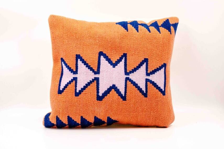Turuncu Lacivert Geometrik Yün Kilim Kırlent Kılıfı - 2