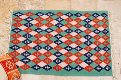 Yeşil Baklava Desenli El Dokuma Yün Kilim - 2