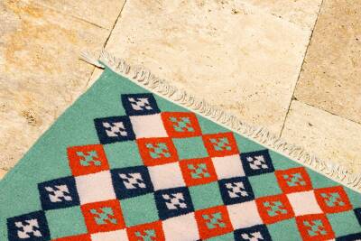 Yeşil Baklava Desenli El Dokuma Yün Kilim - 5